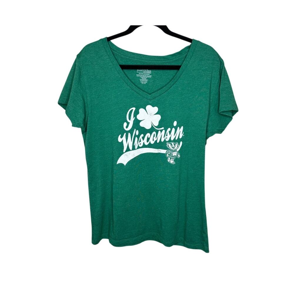 Colosseum I Love Wisconsin T-Shirt Women 2XL Green White V-Neck Short Sleeve EUC